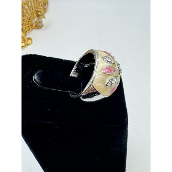 Pretty Costume Jewelry Ring Silver Tone And Enamel Whit Rhinestone  Ring Sz 10 - Picture 8 of 12